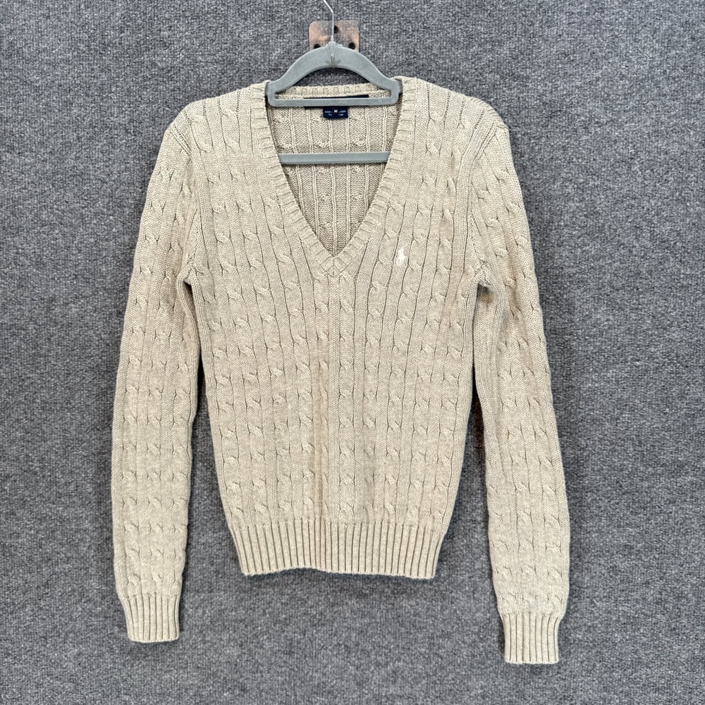 Ralph Lauren Sweater Womens Medium Beige Cable Knit Vneck Pony Pullover Classic
